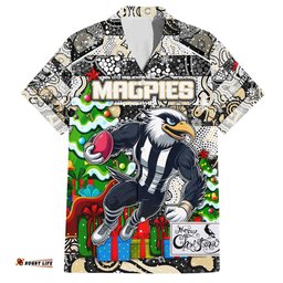 Custom Magpies Football Merry Christmas Hawaiian Shirt Indigenous Australian Art