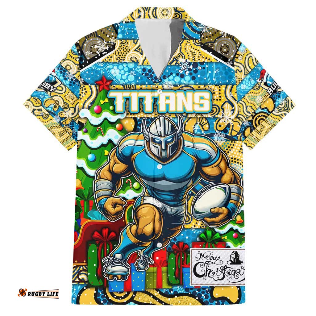 Custom Titans Rugby Merry Christmas Hawaiian Shirt Indigenous Australian Art