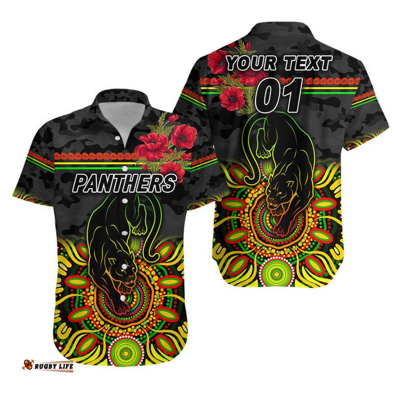 Custom Personalised Penrith Panthers ANZAC Hawaiian Shirt Indigenous Vibes Black