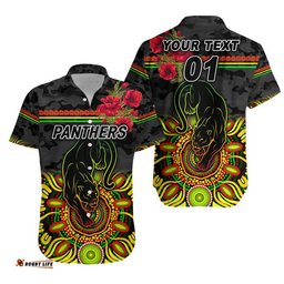 Custom Personalised Penrith Panthers ANZAC Hawaiian Shirt Indigenous Vibes Black