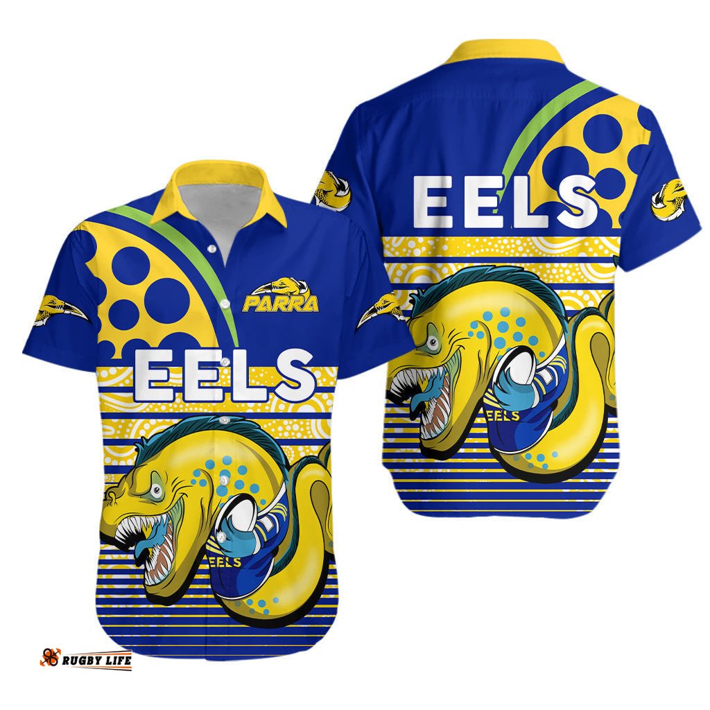 Eels Rugby Parra Aboriginal Blue And Gold Hawaiian Shirt