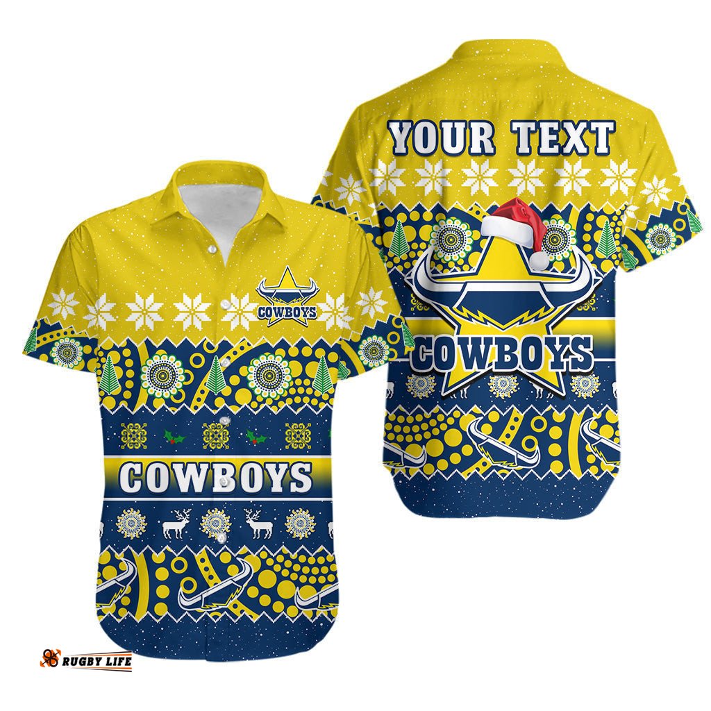Custom Personalised Cowboys Christmas Hawaiian Shirt Aboriginal Art Merry Xmas