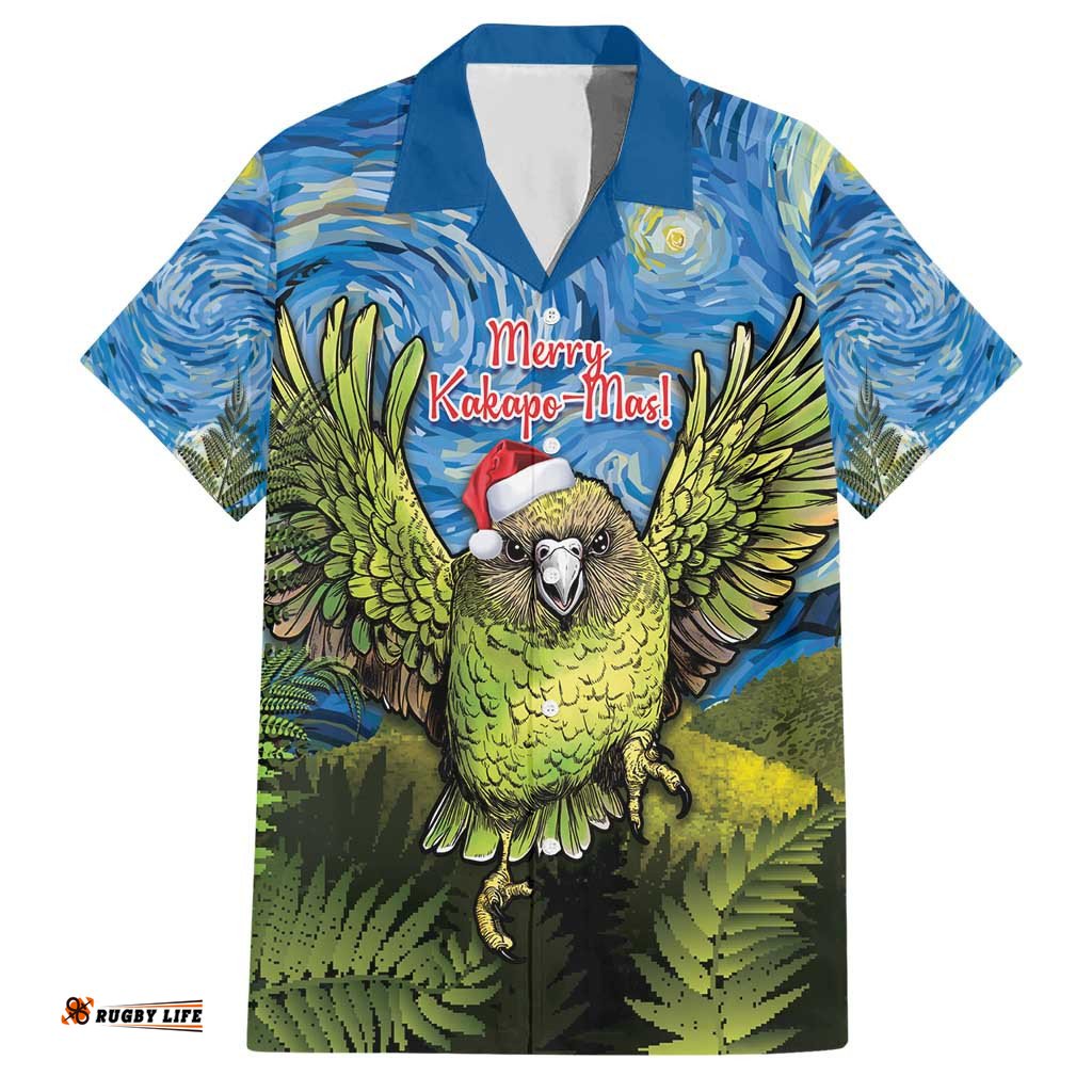 Personalised Jumping Kakapo Christmas Hawaiian Shirt New Zealand Fern Starry Night Style