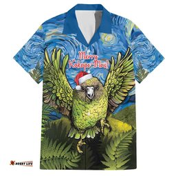 Personalised Jumping Kakapo Christmas Hawaiian Shirt New Zealand Fern Starry Night Style