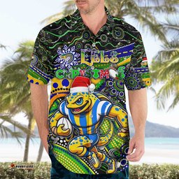 Merry Christmas Eels Hawaiian Shirt Aboriginal Santa Rugby Mascot Parramatta