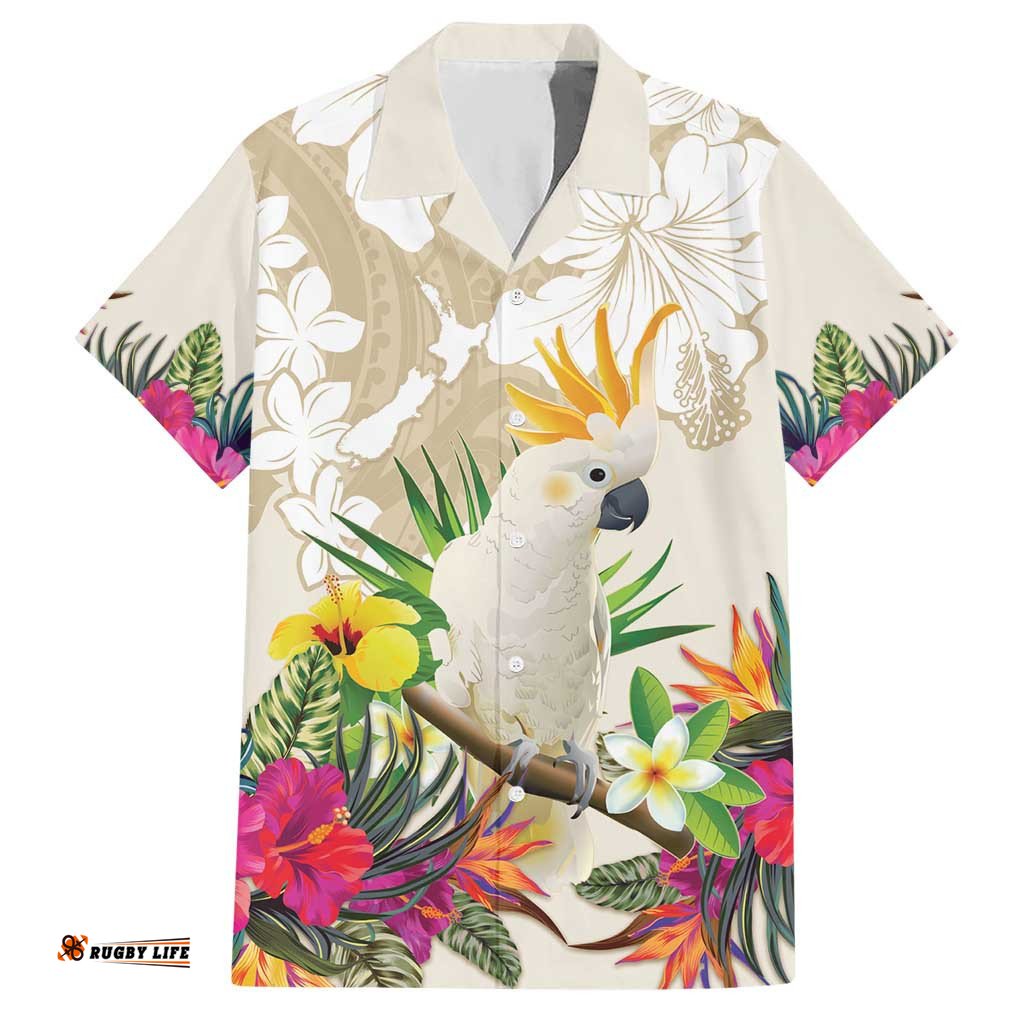 New Zealand Cacatua Galerita Hawaiian Shirt Aotearoa Cockatoo Tropical Flowers