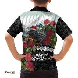 Meri Kirihimete Tuatara Hawaiian Shirt New Zealand Fern with Puhutukawa Flowers