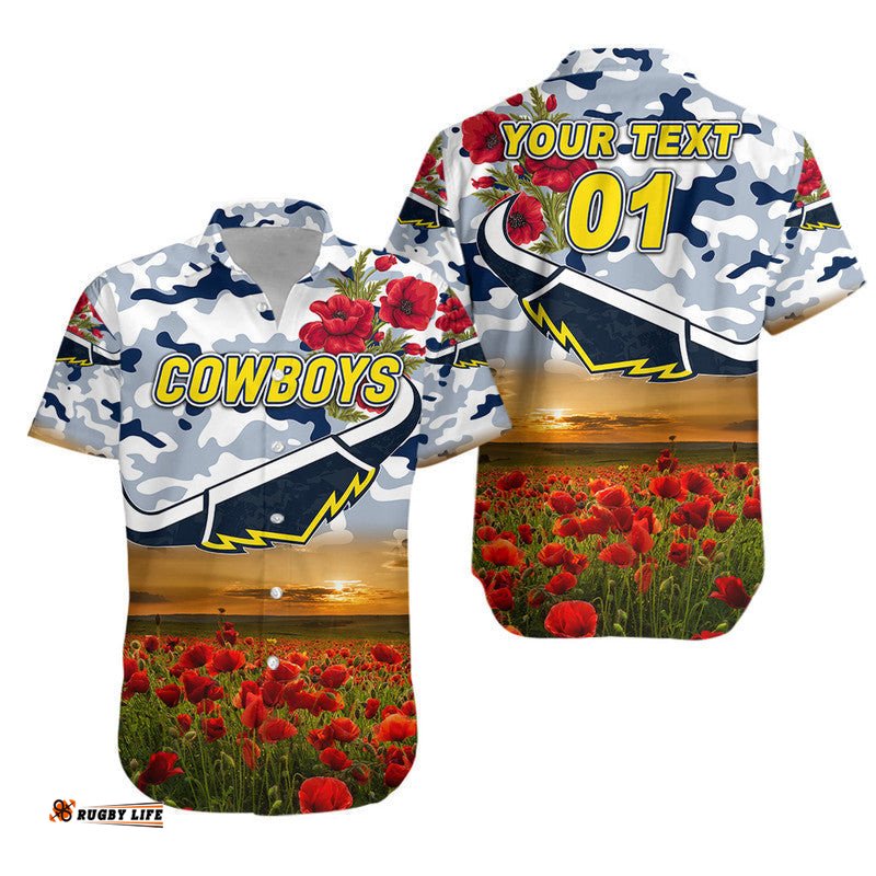 Custom Personalised North Queensland Cowboys ANZAC Hawaiian Shirt Poppy Flowers Vibes White