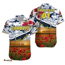 Custom Personalised North Queensland Cowboys ANZAC Hawaiian Shirt Poppy Flowers Vibes White