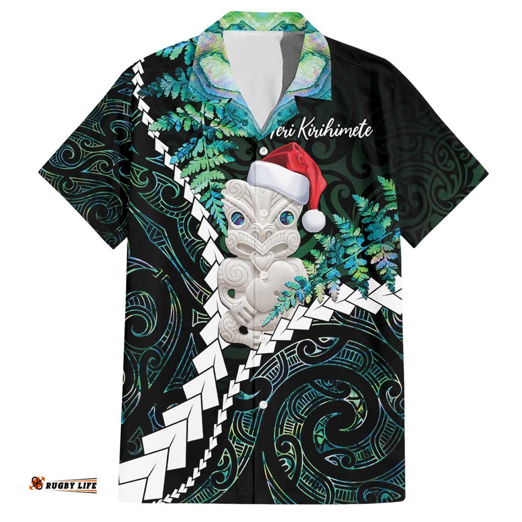 New Zealand Personalised Hawaiian Shirt Meri Kirihimete Kowhaiwhai Mix Paua Shell Emerald