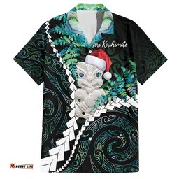 New Zealand Personalised Hawaiian Shirt Meri Kirihimete Kowhaiwhai Mix Paua Shell Emerald