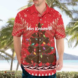 Kiwi New Zealand Christmas Hawaiian Shirt Meri Kirihimete Silver Fern Red Color