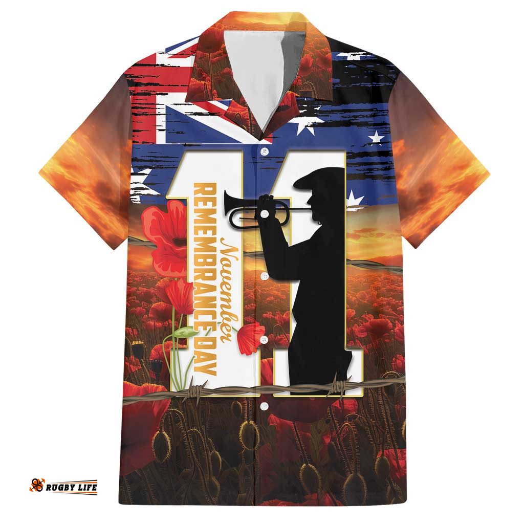 Australia Rememberance Day Hawaiian Shirt 11 November Poppy Field With Last Post