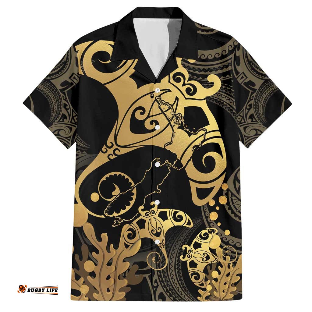 Black And Gold Aotearoa Whai Hawaiian Shirt NZ Stingrays Maori Curves Style