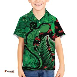 New Zealand Gecko Christmas Hawaiian Shirt Meri Kirihimete Paua Shell Mix Pohutukawa