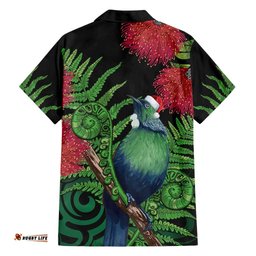 New Zealand Tui Bird Christmas Hawaiian Shirt Maori Fern Mix Pohotukawa