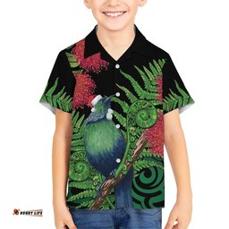 New Zealand Tui Bird Christmas Hawaiian Shirt Maori Fern Mix Pohotukawa