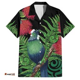 New Zealand Tui Bird Christmas Hawaiian Shirt Maori Fern Mix Pohotukawa