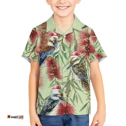 Australia Christmas Hawaiian Shirt Kookaburra Santa on Callistemon Pastel
