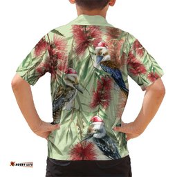 Australia Christmas Hawaiian Shirt Kookaburra Santa on Callistemon Pastel