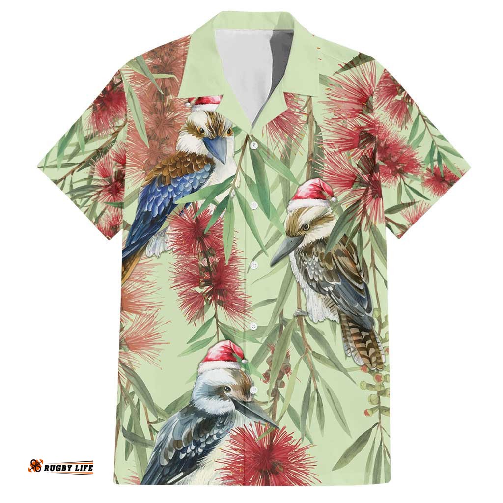 Australia Christmas Hawaiian Shirt Kookaburra Santa on Callistemon Pastel