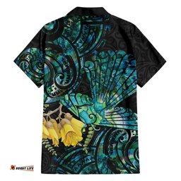 New Zealand Fantail Bird Hawaiian Shirt Maori Piwakawaka Kowhai Paua Shell Pattern