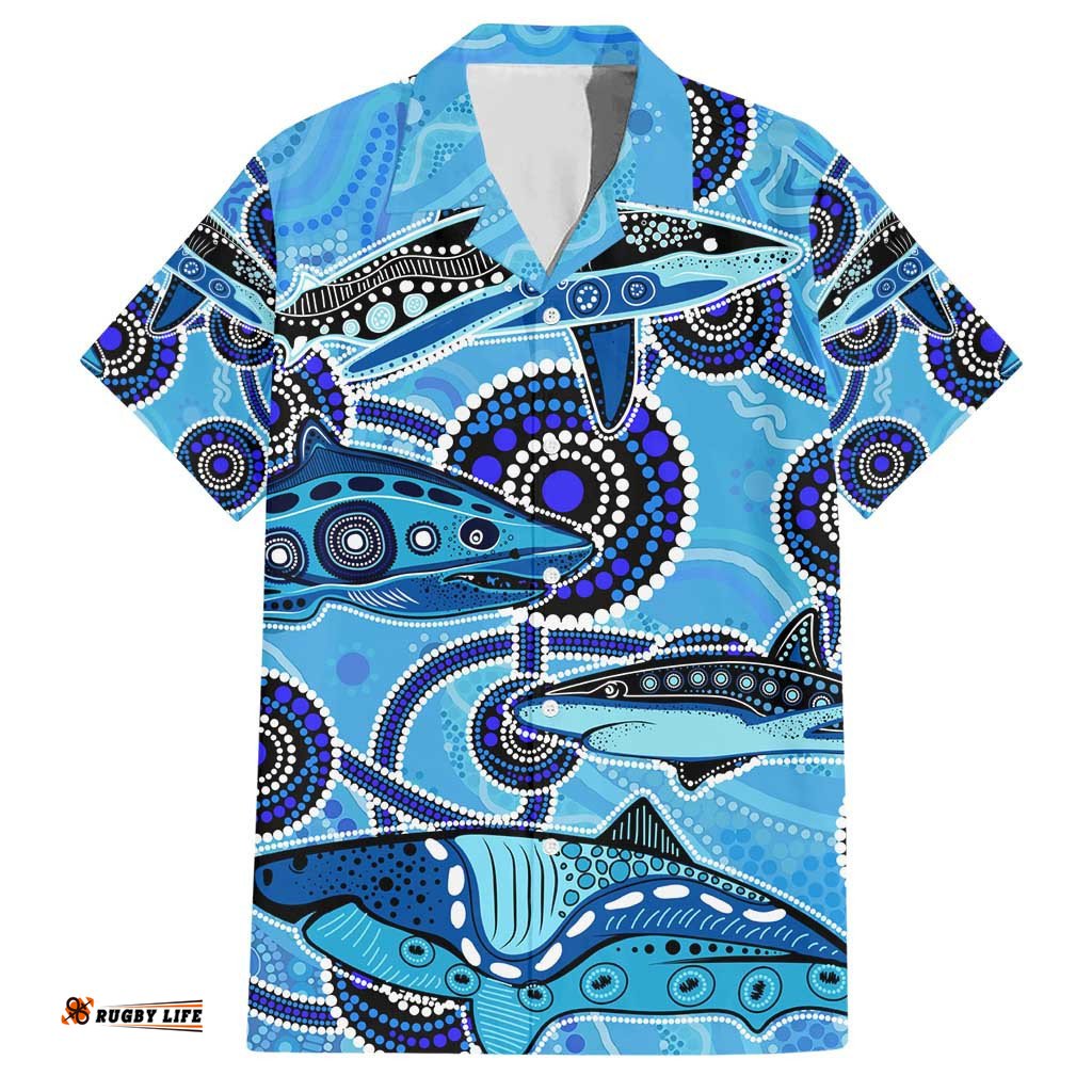 Sharks Aboriginal Australia Hawaiian Shirt Indigenous Art Blue