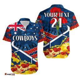 Custom Text And Number Cowboys Rugby ANZAC Hawaiian Shirt Lest We Forget