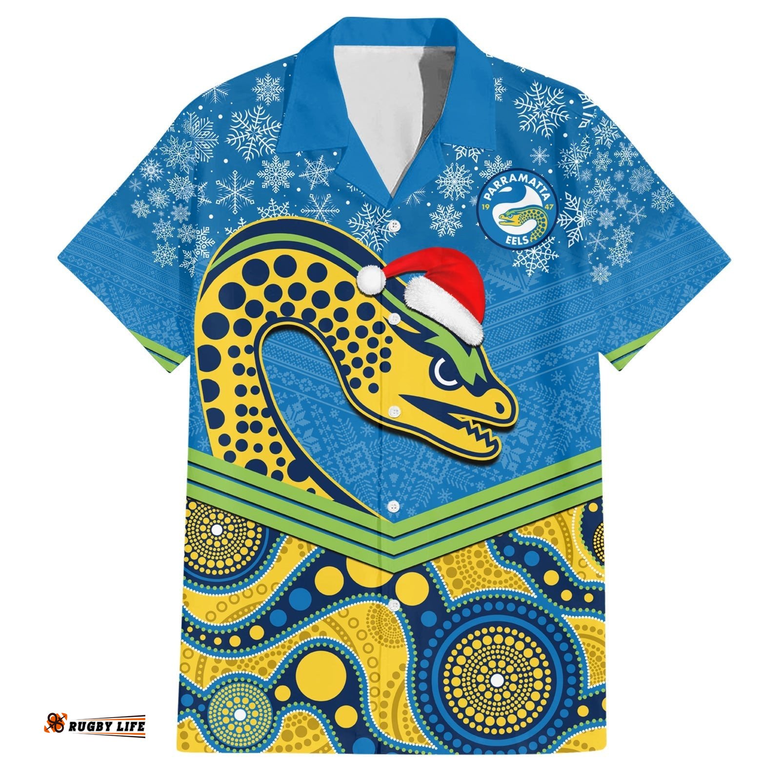 Custom Parramatta Eels Rugby Christmas Hawaiian Shirt Merry Xmas Mix Aboriginal Art