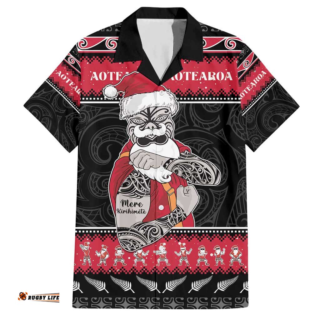 New Zealand Santa Tiki Christmas Hawaiian Shirt Meri Kirihimete