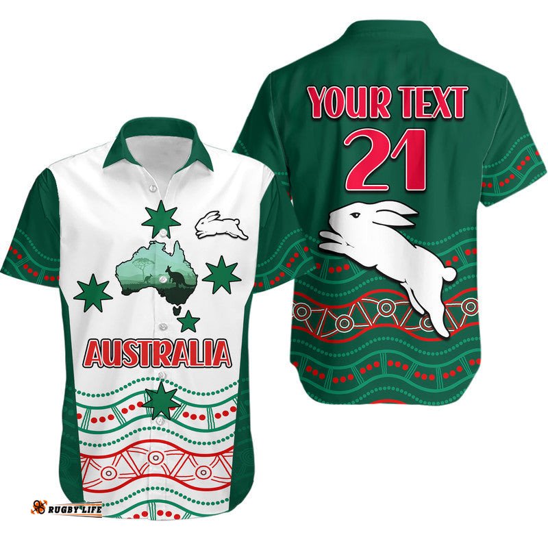 Custom Personalised Rabbitohs Australia Day Hawaiian Shirt Flag Map and Aboriginal Wave