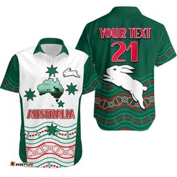 Custom Personalised Rabbitohs Australia Day Hawaiian Shirt Flag Map and Aboriginal Wave