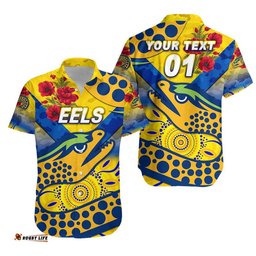 Custom Personalised Parramatta Eels ANZAC Hawaiian Shirt Indigenous Vibes Gold