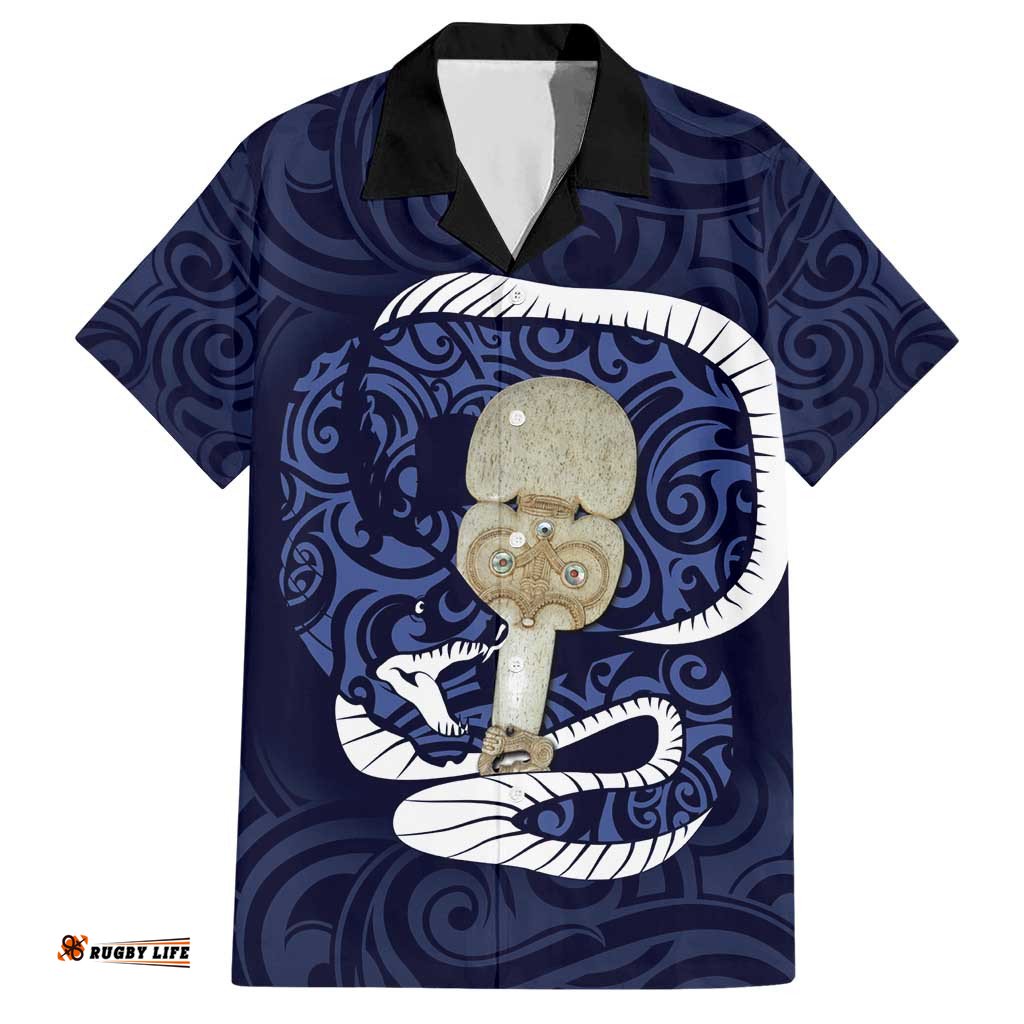Blue New Zealand Eel Hawaiian Shirt Aotearoa Maori Tuna With Kotiate Weapon