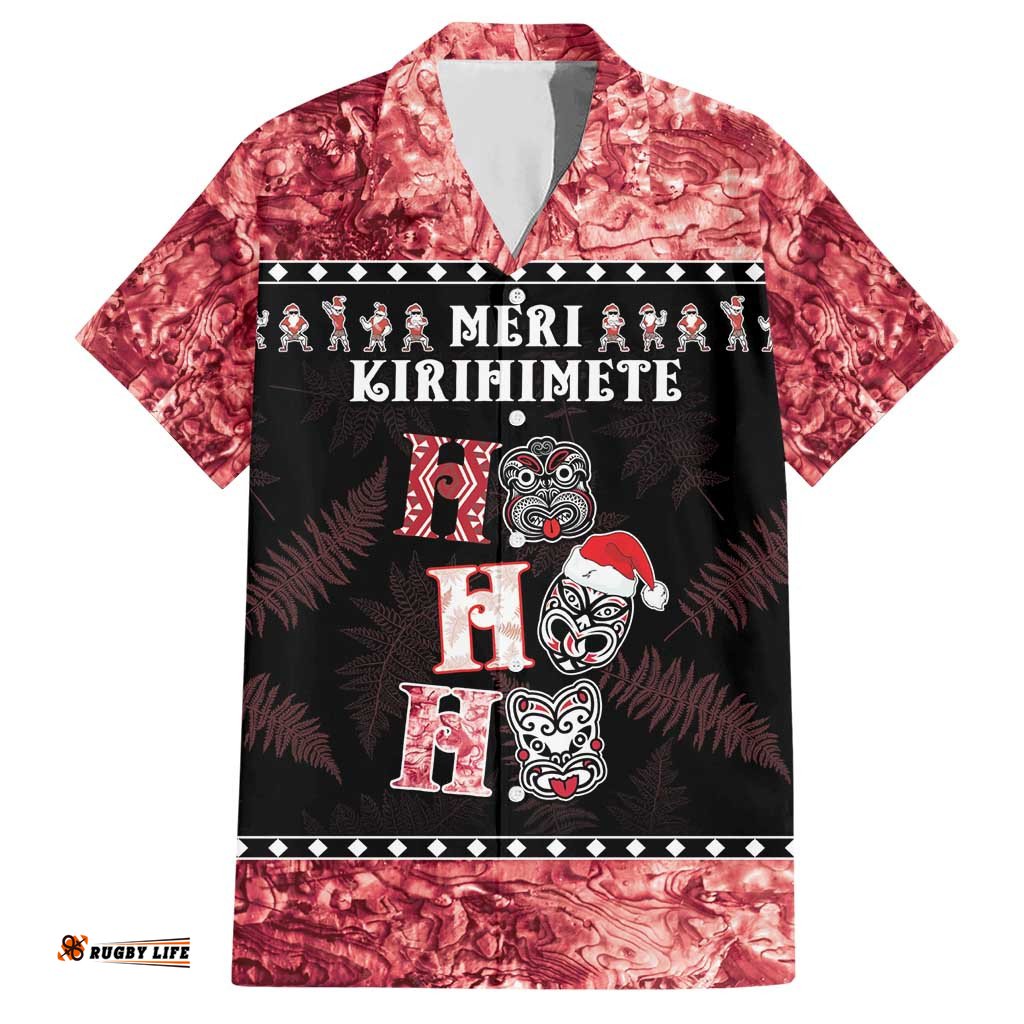 Personalised New Zealand Tiki Christmas Hawaiian Shirt Ho Ho Ho Paua Shell Glitter Red