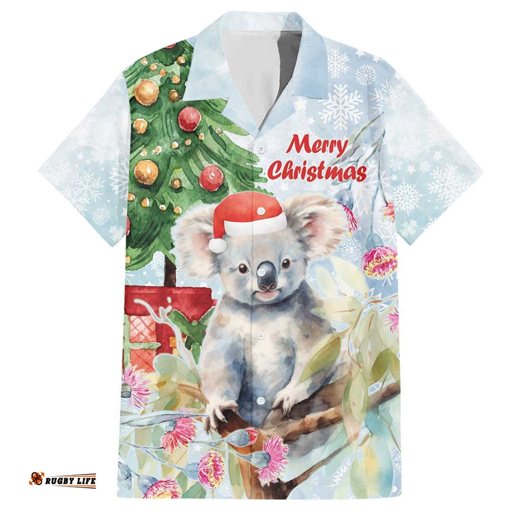 Australia Christmas Hawaiian Shirt Koala Santa With Eucalyptus Watercolor