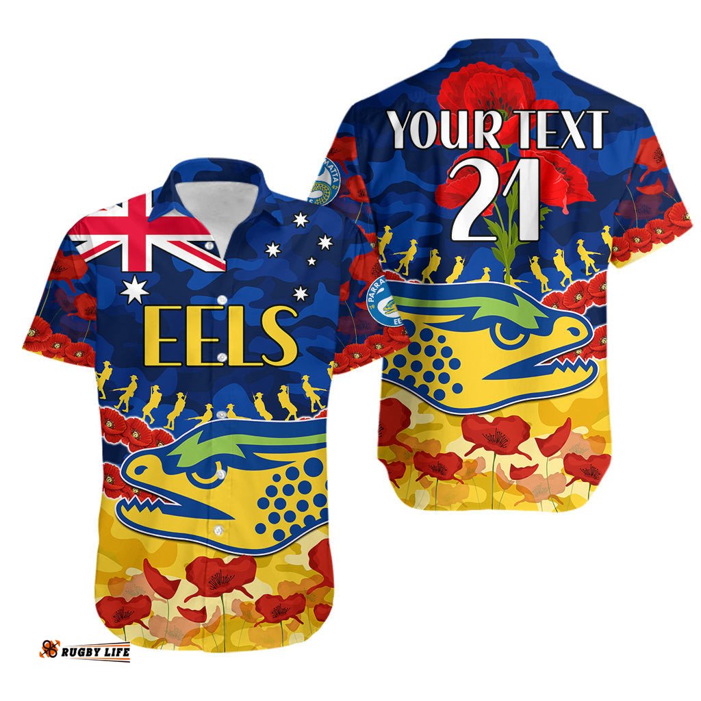 Custom Text And Number Eels Rugby ANZAC Hawaiian Shirt Lest We Forget