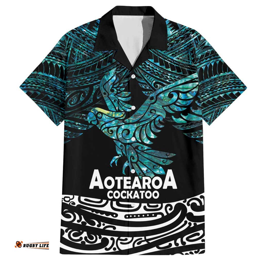 New Zealand Sulphurcrested Cockatoo Hawaiian Shirt Aotearoa Maori Mix Paua Shell