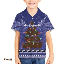 Kiwi New Zealand Christmas Hawaiian Shirt Meri Kirihimete Silver Fern Blue Color