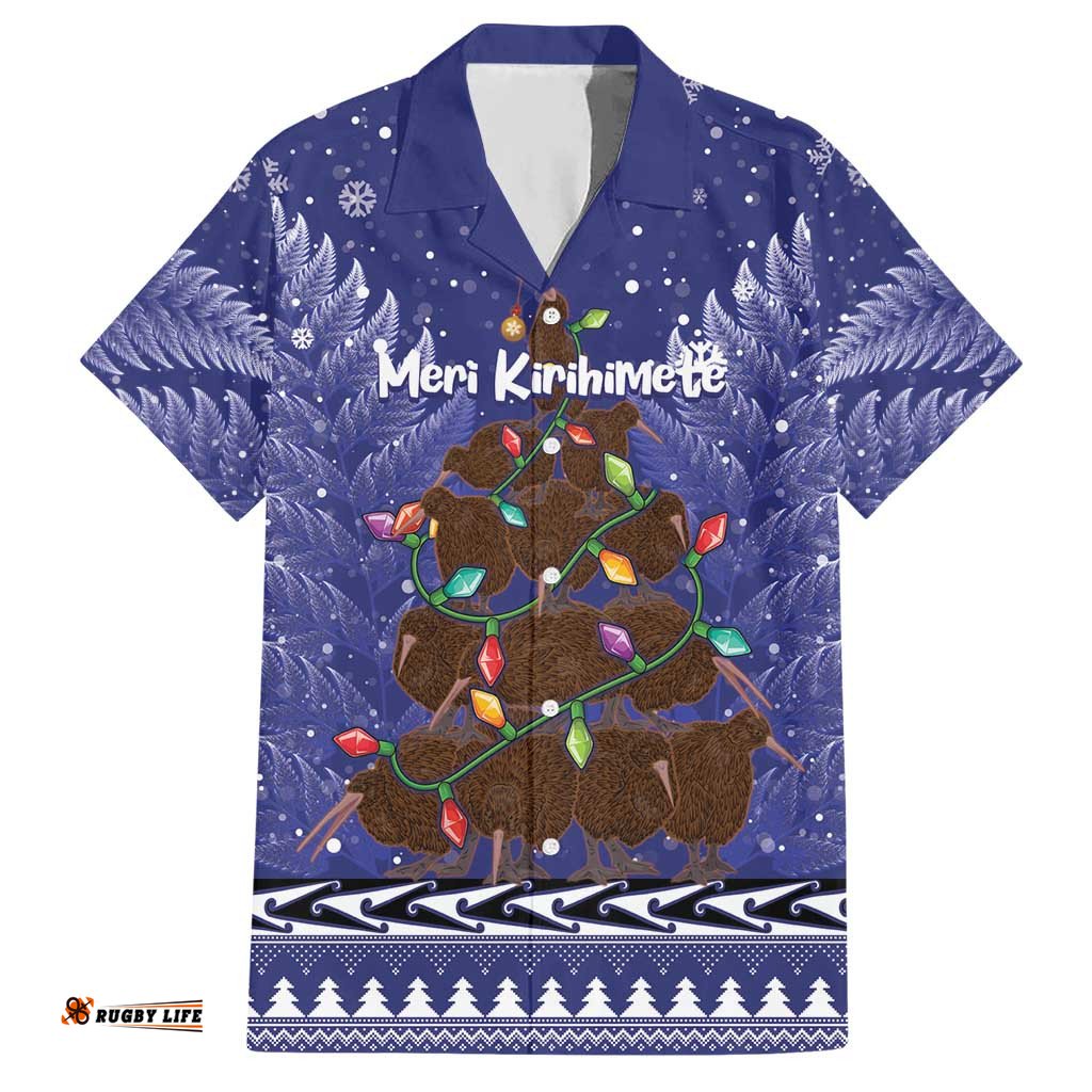 Kiwi New Zealand Christmas Hawaiian Shirt Meri Kirihimete Silver Fern Blue Color