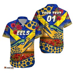 Custom Personalised Parramatta Eels ANZAC Hawaiian Shirt Poppy Flowers Vibes Blue