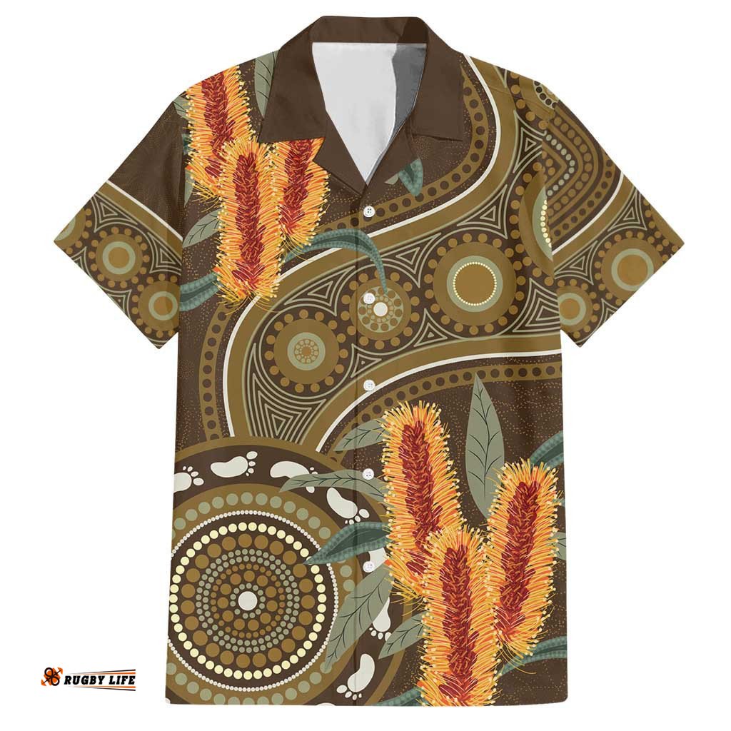 Australian Yellow Banksia Flowers Hawaiian Shirt Aboriginal Dot Art