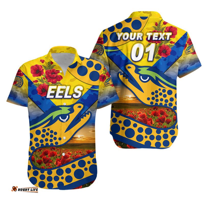 Custom Personalised Parramatta Eels ANZAC Hawaiian Shirt Poppy Flowers Vibes Gold