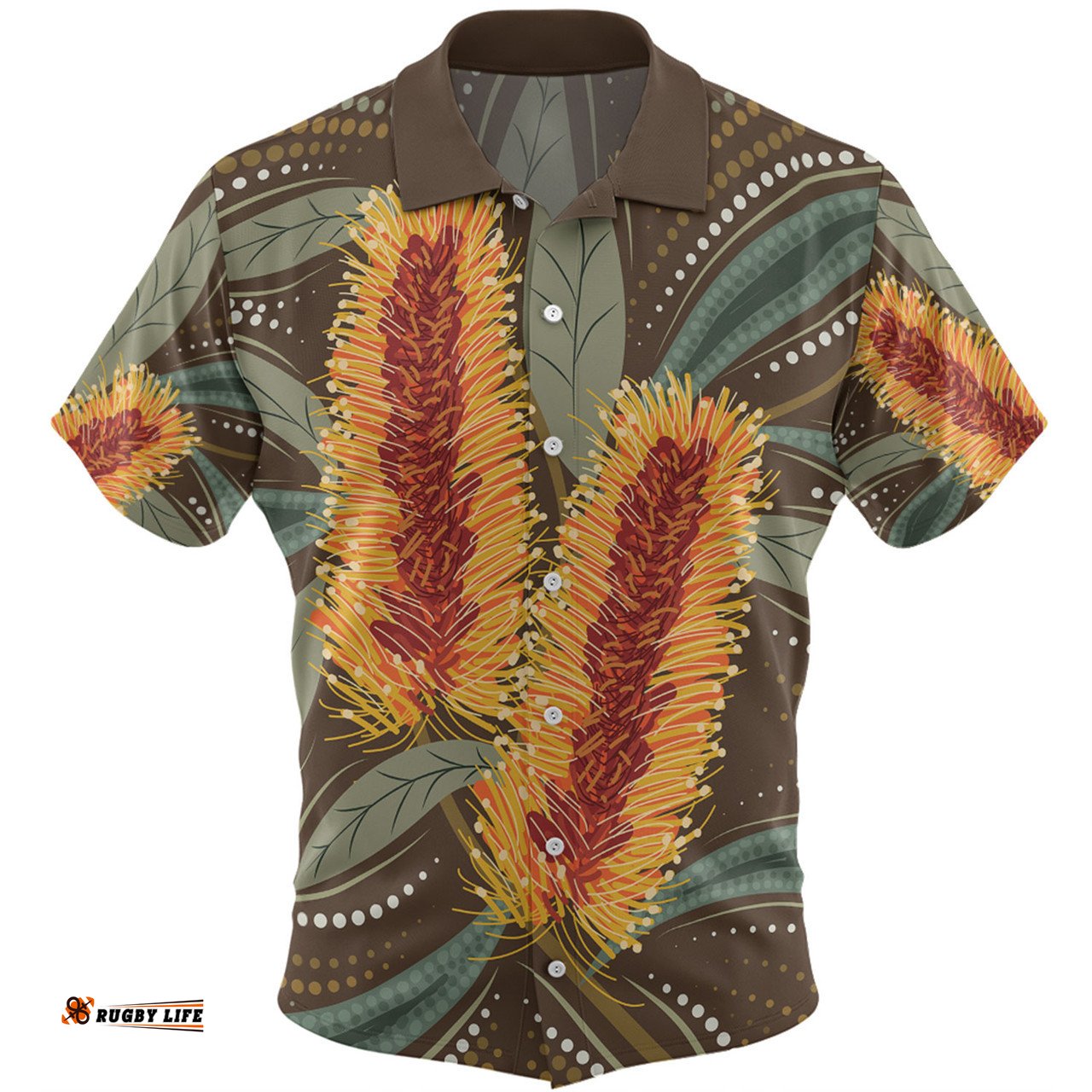 Amazing Aussie Australia Flowers Aboriginal Aboriginal Dot Art With Yellow Banksia Flower Hawaiian Shirt