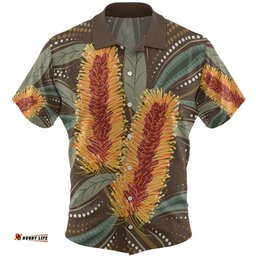 Amazing Aussie Australia Flowers Aboriginal Aboriginal Dot Art With Yellow Banksia Flower Hawaiian Shirt