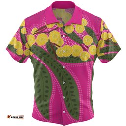 Amazing Aussie Australia Flowers Aboriginal Australian Yellow Wattle Flowers Painting In Aboriginal Dot Art Style Hawaiian Shirt