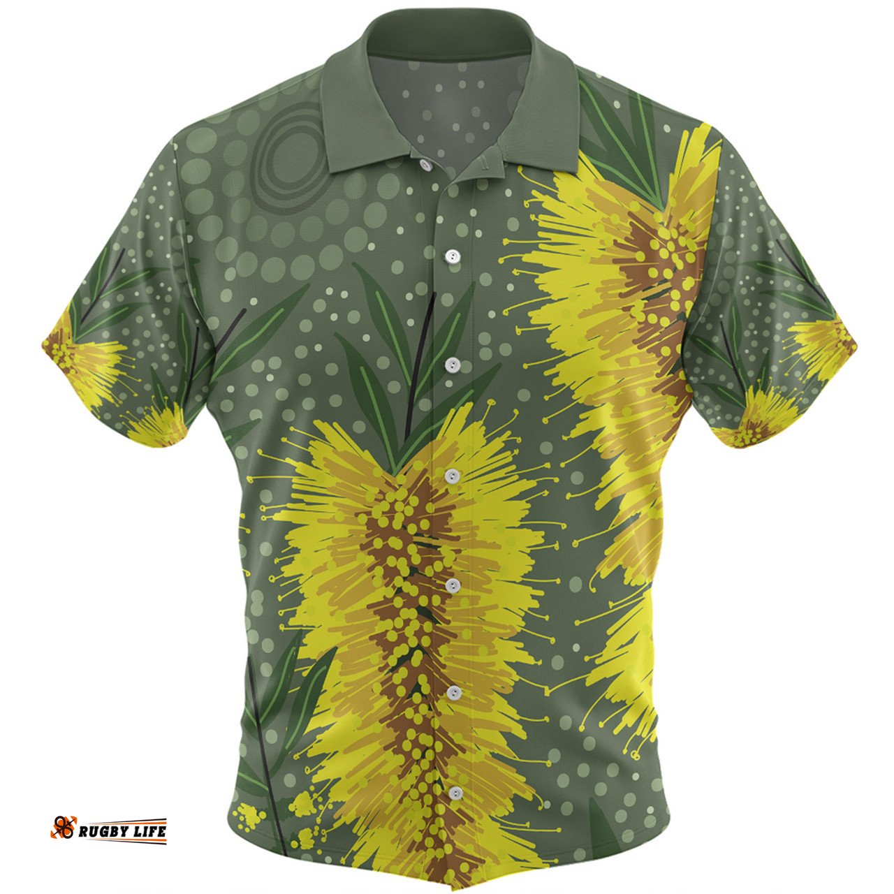 Amazing Aussie Australia Aboriginal Yellow Bottle Brush Flora In Aboriginal Painting Hawaiian Shirt