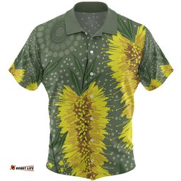 Amazing Aussie Australia Aboriginal Yellow Bottle Brush Flora In Aboriginal Painting Hawaiian Shirt