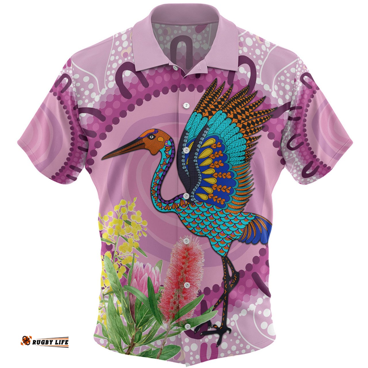 Amazing Aussie Australia Aboriginal Brolga Bird Dancing With Australia Native Flowers Hawaiian Shirt