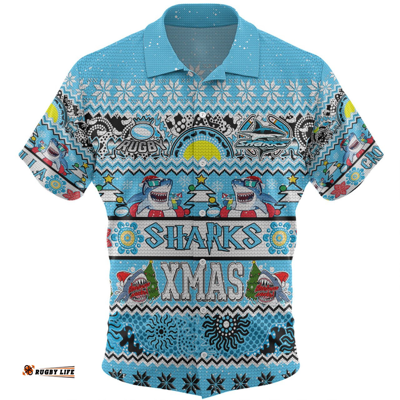 Amazing Aussie Cronulla Sutherland Sharks Christmas Aboriginal Custom Indigenous Knitted Ugly Xmas Style Hawaiian Shirt